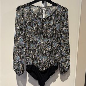 Free People Floral Bodysuit in Blue and Black